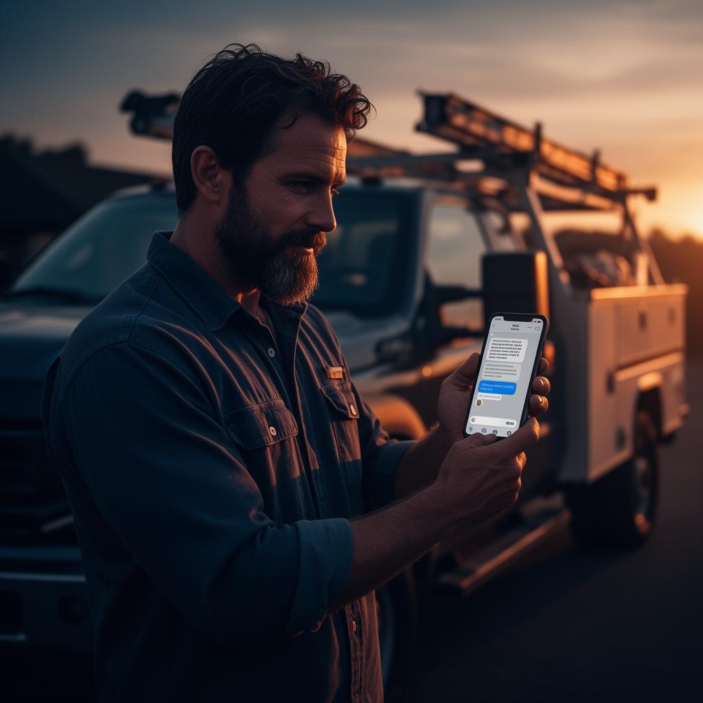 Contractor reading an instant SMS reply from LeadJet on his phone
